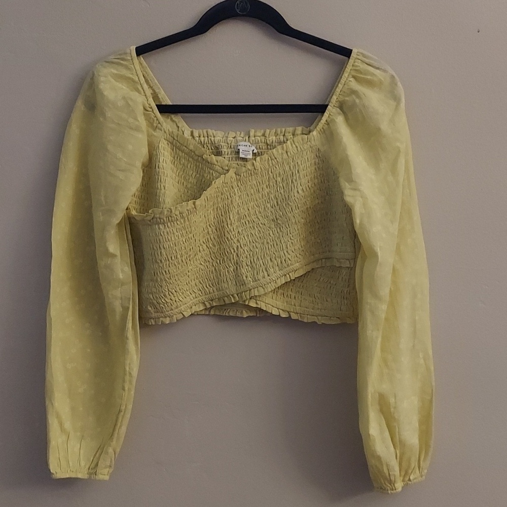 AMERICAN EAGLE M Floral Cropped Crisscross Smocked Cotton Long Sleeve Top M Boho - Picture 3 of 13